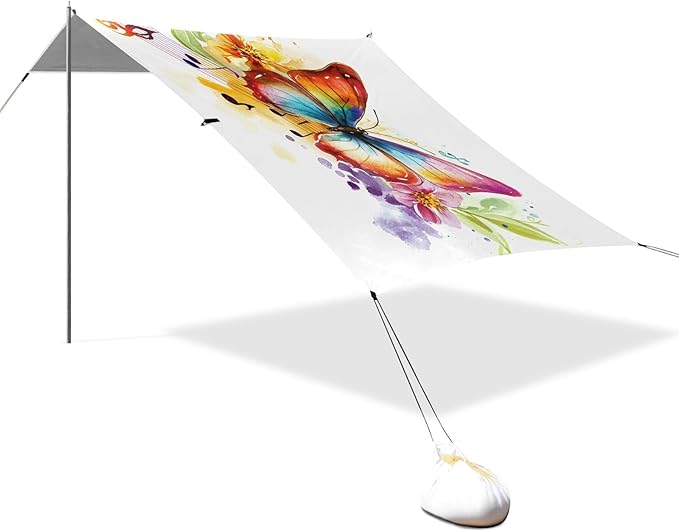ALAZA Butterfly Music Notes Beach Tent Sun Shelter UPF50+ Protection Beach Shade Canopy w/ 4 Sandbags for Outdoor Camping Fishing Backyard Fun Picnic 10x9 ft