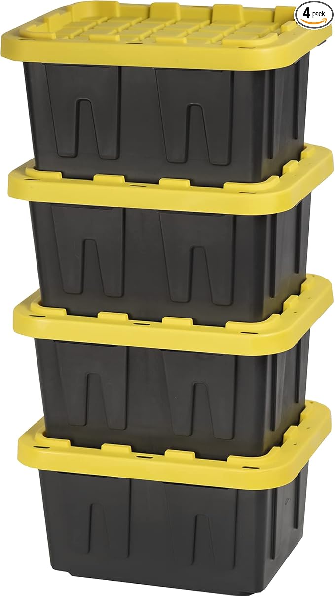 BLACK &amp YELLOW 5-Gallon Heavy Duty Storage Bins with Lids Stackable Plastic Storage Bins with Weather-Resistant Design Home Organization 4-Pack