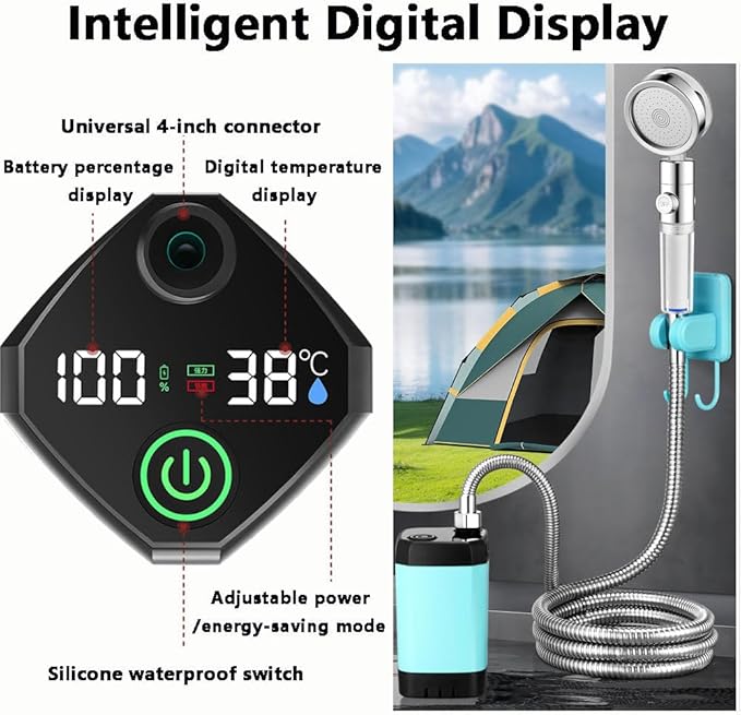Portable Shower for Camping Rechargeable Camping Shower with Intelligent Digital Display Outdoor Camp Pump Camping Shower Pump with Power Display for Hiking Travel Car Pet 9000mAh