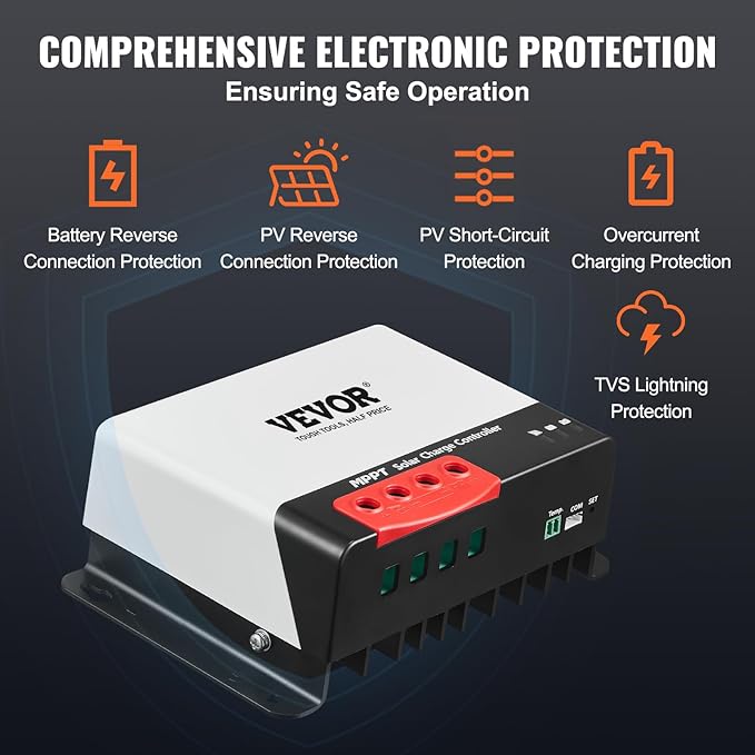 VEVOR 50A MPPT Solar Charge Controller 12V / 24V Auto DC Input Solar Panel Regulator Charger with Bluetooth Module 98% Charging Efficiency for Sealed(AGM) Gel Flooded and Lithium Battery Charging