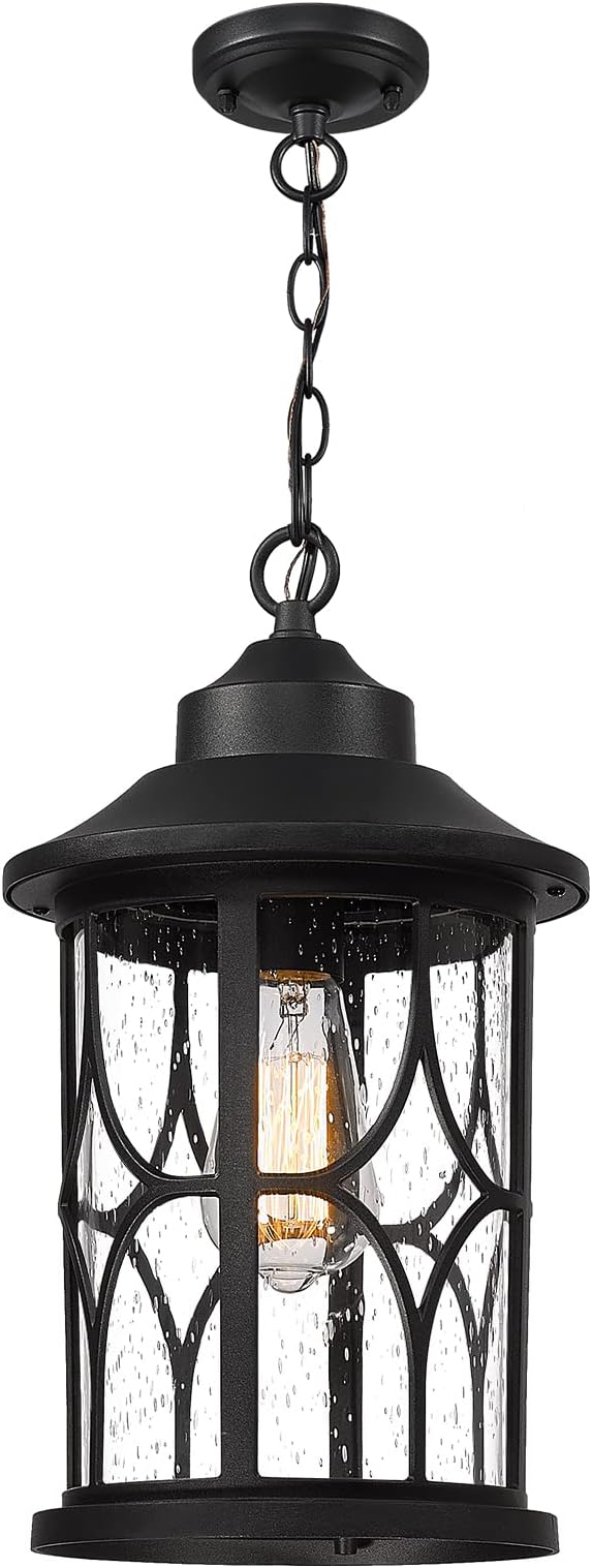 zeyu Outdoor Hanging Light Fixture - 15 Inch Farmhouse Exterior Pendant Light Fixture for Porch with Seeded Glass Black Finish ZX48MH BK