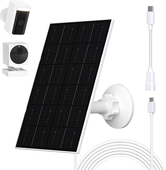 4W Solar Panel for WYZE Camera USB-C &amp Micro USB Adapter 9.8ft Cable IP66 Waterproof 360° Mount Compatible with WYZE Battery Cam Pro Outdoor Cam V1/V2 (1 Pack)