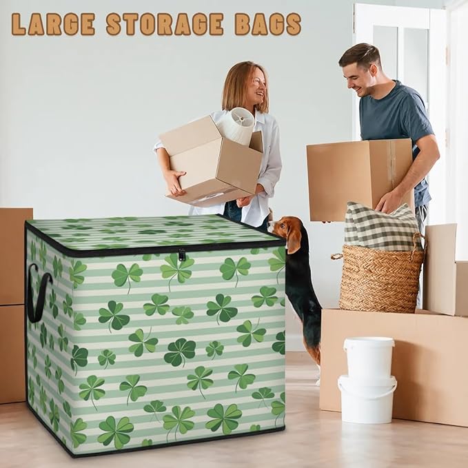XL Large Clothes Storage with Lid Handle St. Patrick's Day Large Thick Clothes Blanket Storage Containers for Organizing Bedroom Closet Comforter Spring Green Clover Leaves Holiday