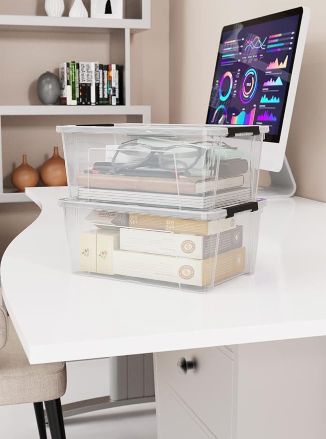 WYT 12 Pack Small 5-Quart Clear Plastic Storage Bins with Lids and Latch Buckles Storage Organizer Container with Handle