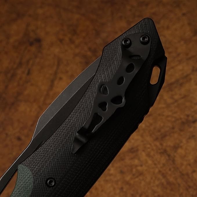 D2 Steel Folding Knife - 9CM Black Tactical Blade G10 Handle Pocket Clip - EDC Camping Survival Hunting - 60-61HRC Vacuum Heat Treated Stonewash Finish