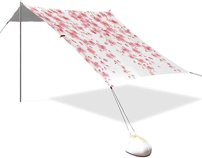 ALAZA Weeping Cherry Blossom Flower Pink Beach Tent Sun Shelter UPF50+ Protection Beach Shade Canopy w/ 4 Sandbags for Outdoor Camping Fishing Backyard Fun Picnic 10x9 ft