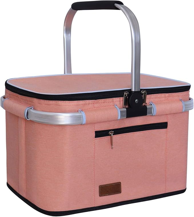 LIQING 35L Large Picnic Basket 2 Layers of Internal Pockets Leak-Proof and Insulated Folding with Internal Support for enhansed Stability Wedding Gifts for Couple(Salmon Color)