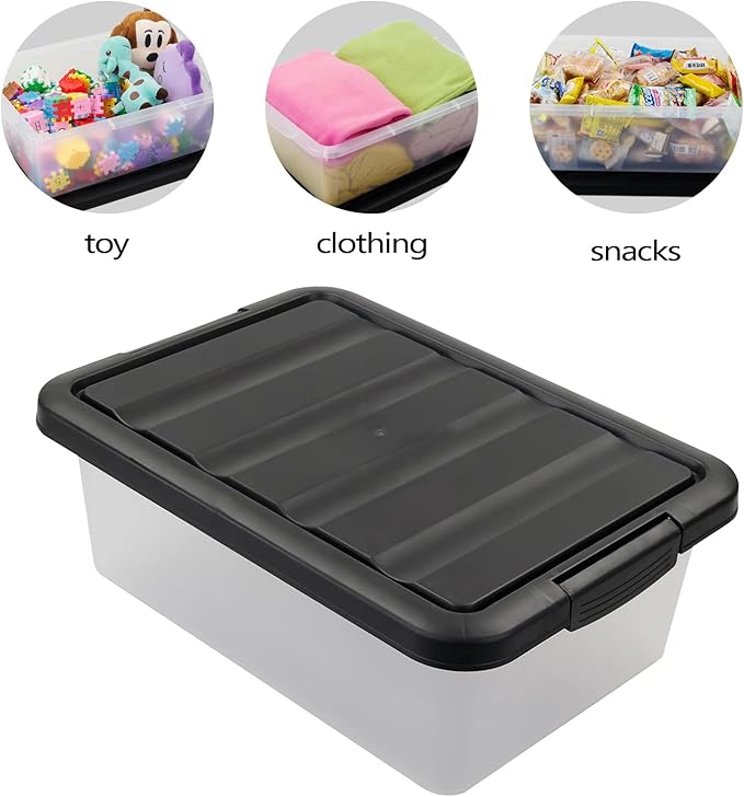 Wekioger Versatile Plastic Storage Box Organizer Bins with Black Lids 14 Quart 2 Packs