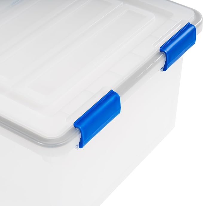 IRIS USA File Box WeatherPro File Organizer for Letter/Legal File Water Resistant Document Box Plastic Gasket File Box With Tight Latch and Seal Stackable Nestable Clear/Blue 32 Qt. 3 Pack
