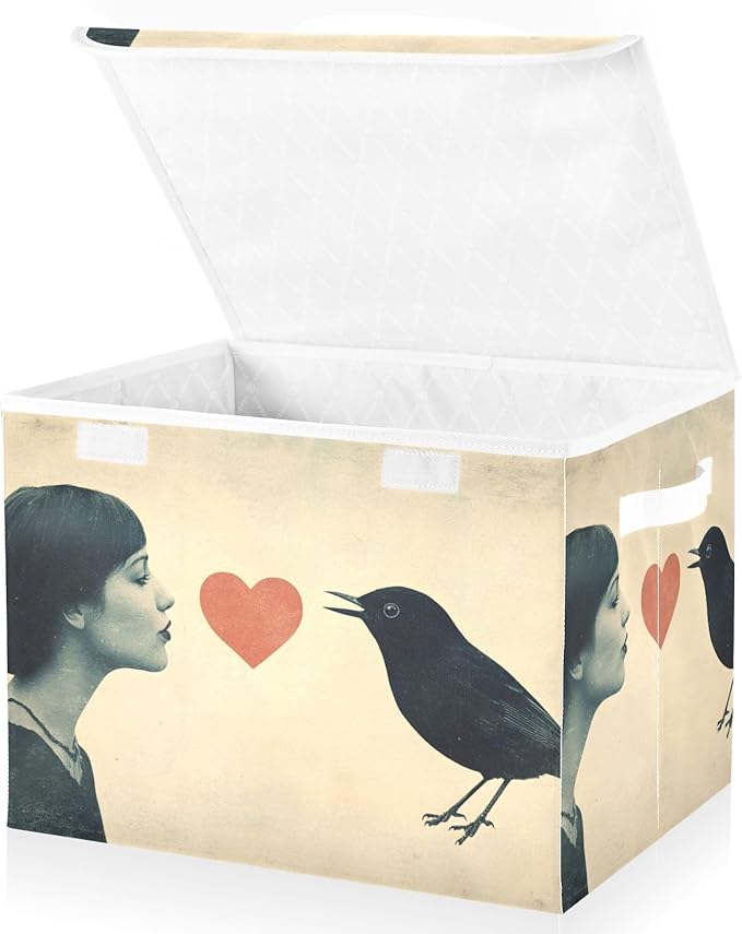 AIXIWAWA Lidded Storage Cube (Woman Bird Heart) Fabric Foldable Closet Bins with Flip Lid and Handles Organizer Basket Container 16.5 x 12.6 x 11.8 IN