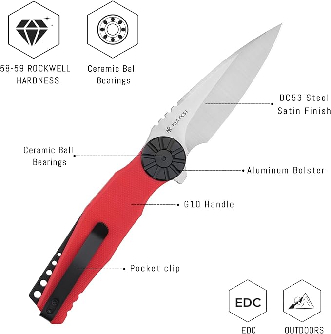 KILA-RGBS 3.15 DC53 Steel Satin Blade Folding EDC Knife for Camping ManBlack Aluminum Bolster + G10 Handle with Pocket Clip.
