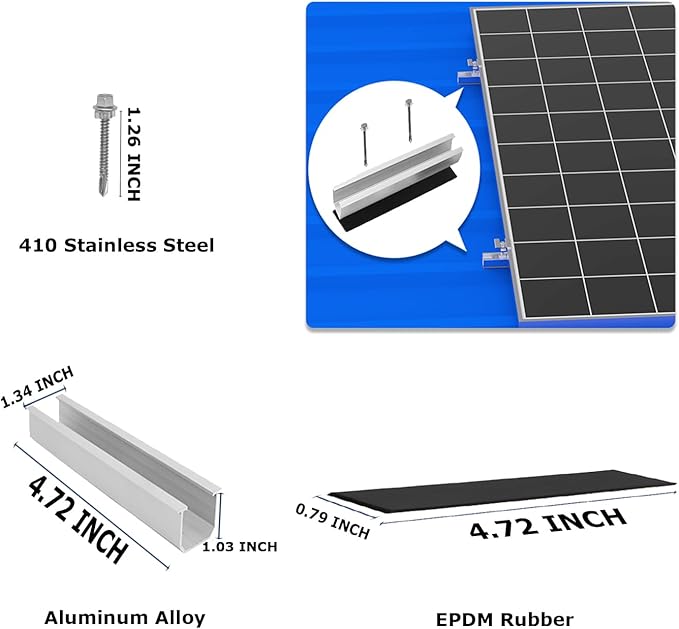 Solar Panel Mounting Brackets Roof Mount Kit Rails and Clamps Included for Thickness 1.18”-1.38”2pcs in A Row Assembly on Tin Flat and Sheet Rooftop Aluminum Alloy