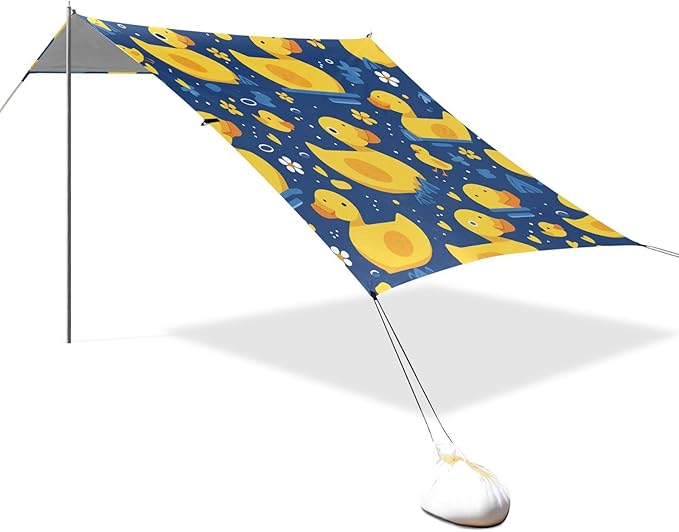 Yellow Duck Cartoon Foldable Beach Cabana UPF50+ Lightweight Portable Sun Shelter with Sandbags &amp Sand Shovel for Backyard and Camping