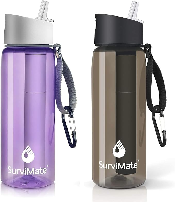 SurviMate Purified Water Bottle for Camping Hiking Backpacking and Travel BPA Free with 5-Stage Intergrated Filter Straw