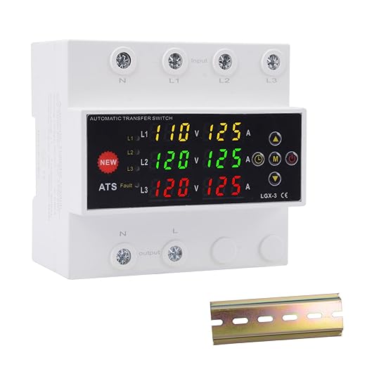 Automatic Generator Transfer Switch 125A 120V 3 Pole Transfer Switch for Generator Backup Power &amp RVs LED Display Priority Phase Selectable Over/Under Voltage Protection DIN Rail Mount