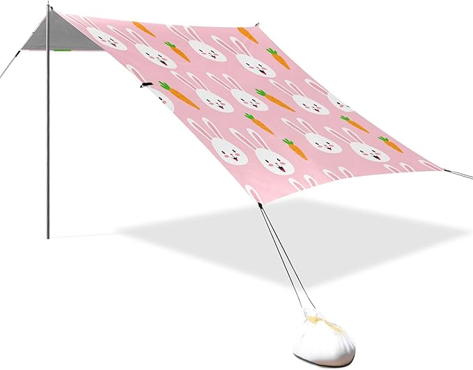 Bunny Beach Canopy Sun Shelter with Sandbags &amp Sand Shovel &amp Windproof Ropes - Portable 110x126 Beach Shade Beach Tent for Camping Picnics
