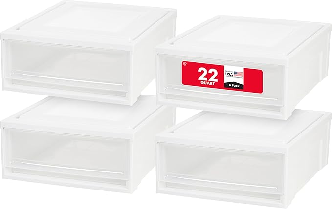 IRIS USA 22 Qt Under Bed Storage Drawer Stackable Plastic Organizer Bin Smooth-Glide Sliding Drawer 4 Pack White