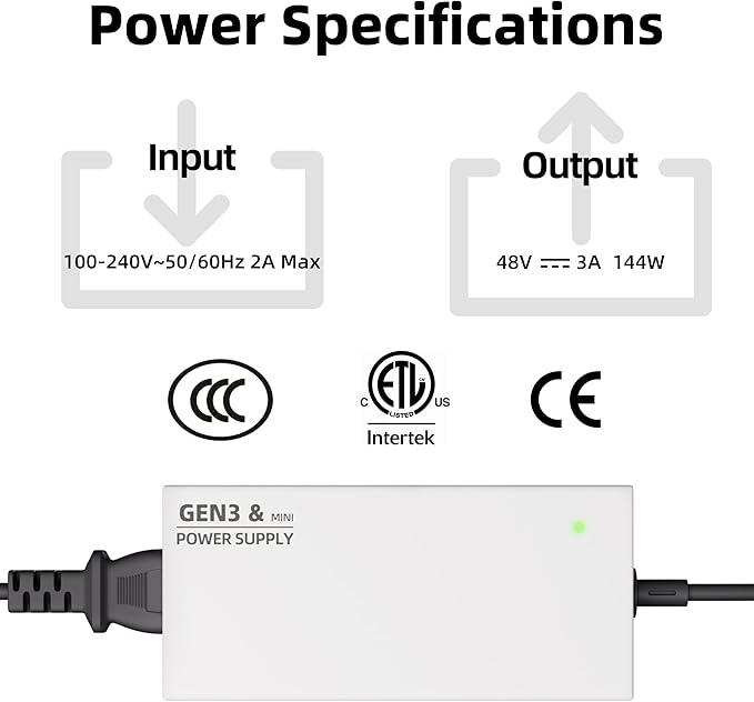 DAIERTEK Starlink Gen 3 Power Supply AC Charger with Power Cord 144W Adapter for Gen3 Standard Multi-Protection 100-240V