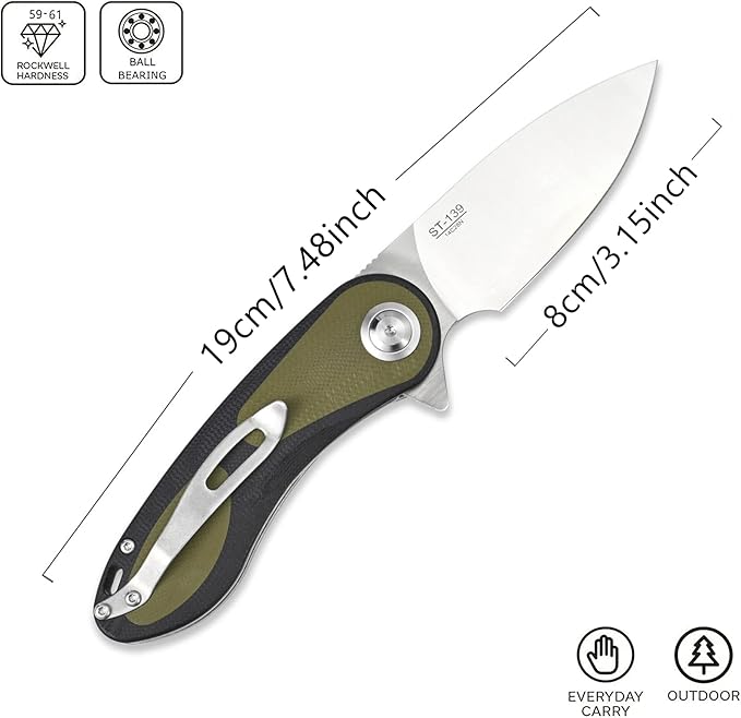 Sitivien ST139 Sandvik 14C28N Steel Blade Folding Knife G10 Handle EDC Tool Knives for Outdoor Camping Hiking Hunting Survival(Black+Green)
