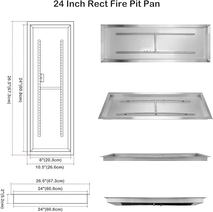 Stanbroil 24 x 8 Inch Rectangular Drop-in Fire Pit Pan with H-Burner Gas Fire Pit Insert for DIY Fire Table 304 SS 90000 BTU Max