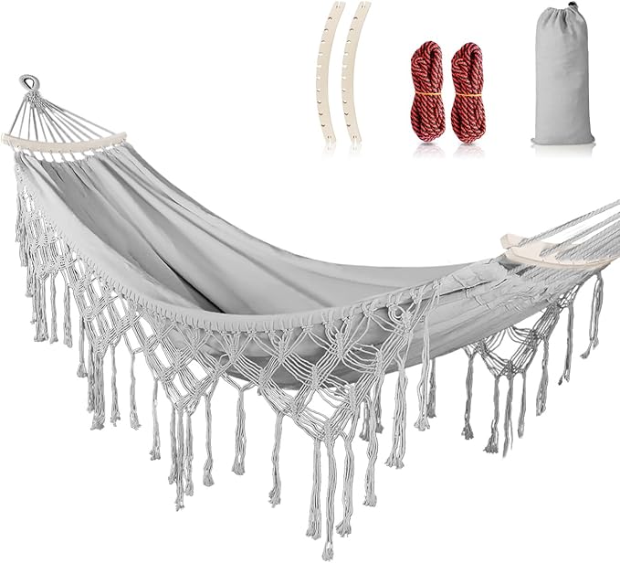 MOSFiATA Backyard Hammock with Tassels Max 500lbs Canvas Fabric Bohemian Style with Thickened Rope and Carry Bag for Outdoor Garden Patio Wedding Decor (Gray)