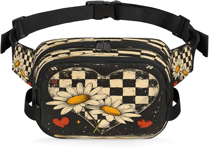 Love Grid Chrysanthemum Waterproof Fanny Pack for Women Men Adjustable Waist Bag with Double Zipper Pockets Lightweight Square Hip Pack for Running Travel Hiking Workout Cycling