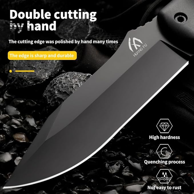 Tactical Fixed Blade Hunting Knife Black Fiber Handle 6.3-Inch Blade with Leather Sheath Moisture-Proof Non-Slip Grip 11.8-Inch Full LengthGifts for Father and Boyfriend Hand Tools Durable and