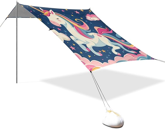 ALAZA Cute Unicorn Colorful Night Sky Rainbow Stars Clouds Beach Tent Sun Shelter Portable Canopy Sunshade for Outdoor Camping Picnics Backyard Fun 10x9 ft