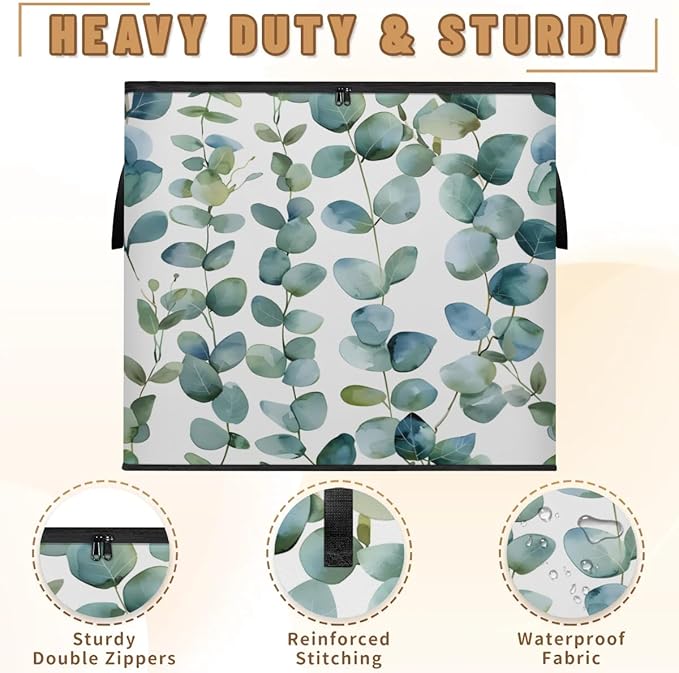 XL Large Clothes Storage with Lid Handle Eucalyptus Leaf Large Thick Clothes Blanket Storage Containers for Organizing Bedroom Closet Comforter Organization Storage Sage Green Spring