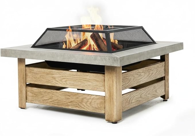 WILDMOS Firepits for OutsideWood Burning Fire Pit with Wood-Grain Side PanelsFirepit for Outside with Mesh Cover &amp Fire PokerSquare Modern Outdoor Fireplace Fire Table. (Countryside)