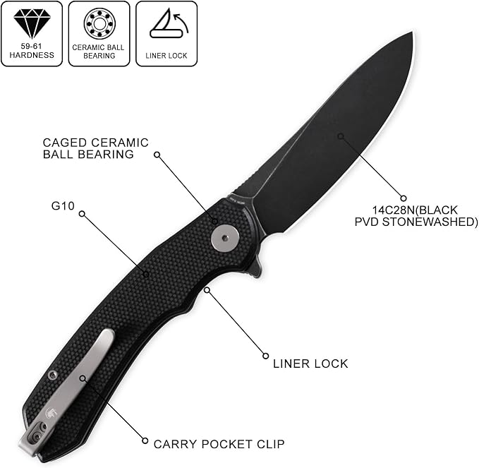Petrified fish PFP12 WaterSpout Folding Knife3.54 14C28N Steel Blade G10 Handle Folding Pocket Knife for Camping EDC Outdoor (Black Black Stonewashed)