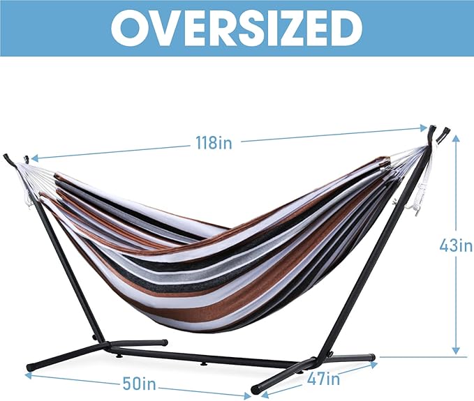 550lbs Capacity Double Hammock Adjustable Hammock Bed with 10ft Heavy Duty Steel Stand Includes Portable Carrying Case Easy Set up