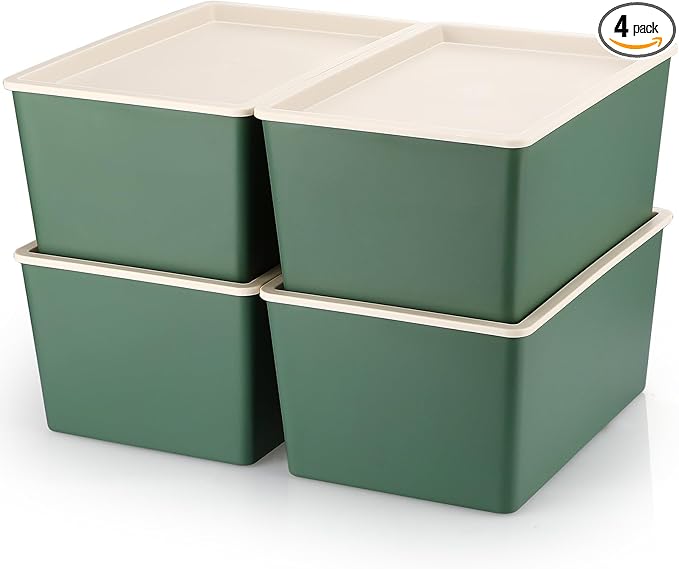 Menkxi 4 Pcs Storage Bins with Lids Plastic Stackable Containers for Organizing Shelves Christmas Ornament Box Baskets(GreenSmall)