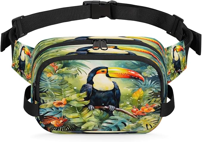 Tropical Leaf Flower Parrot Watercolour Waterproof Fanny Pack for Women Men Adjustable Waist Bag with Double Zipper Pockets Lightweight Square Hip Pack for Running Travel Hiking Workout Cycling