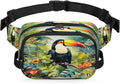 Tropical Leaf Flower Parrot Watercolour Waterproof Fanny Pack for Women Men Adjustable Waist Bag with Double Zipper Pockets Lightweight Square Hip Pack for Running Travel Hiking Workout Cycling
