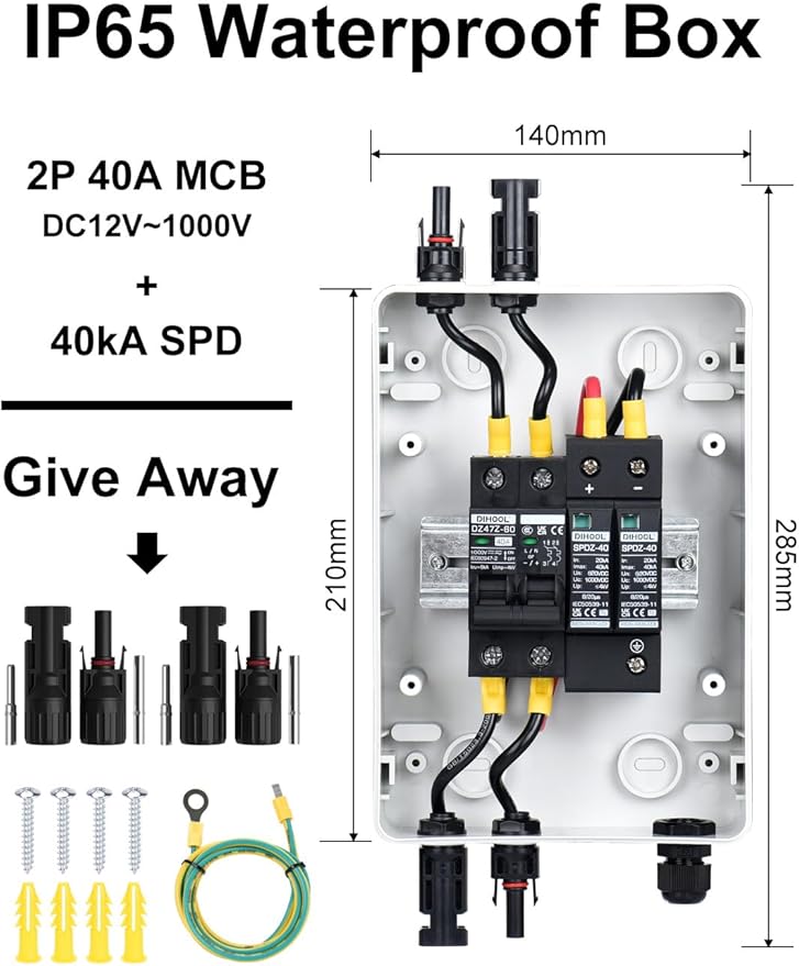 DIHOOL Solar Panel Disconnect Switch Box 40 Amp DC Circuit Breaker Box 1000V PV Combiner Box for RV