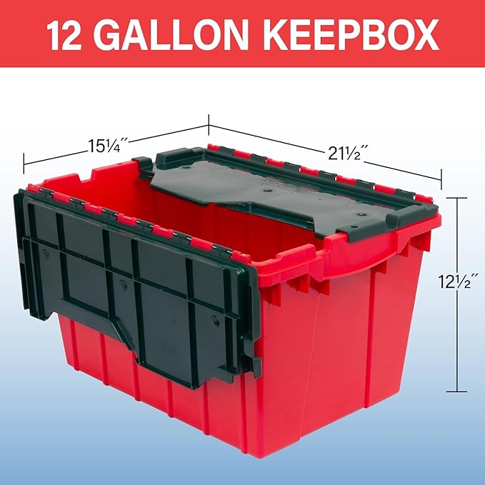 Akro-Mils KeepBox 12 Gallon Storage Container Nesting and Stackable Plastic Storage Box with Lid Attached Organizer Tote for Garages Closets and Moving 21-1/2 x 15 x 12-1/2 Red/Green