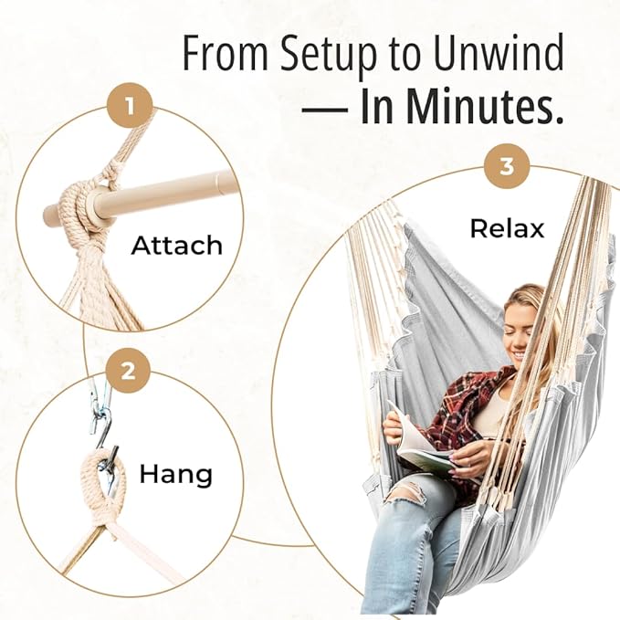 Hanging Hammock Chair Swing - Hammock Swing Chair with Foot Rest - Indoor/Outdoor Hanging Chair - Quick &amp Easy Setup with Durable Hardware – Spacious Full Body Support – Holds 440 Lbs