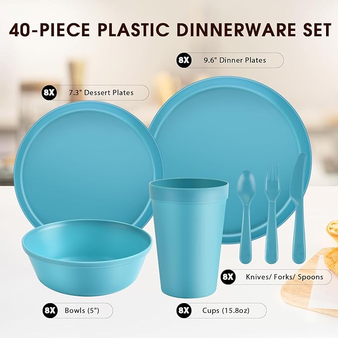 40 Piece Plastic Dinnerware Set for 8 with Cutlery Unbreakable Plates and Bowls Set Dishwasher &amp Microwave Safe Reusable Dish Set for Camping RV Outdoor Kitchen Apartment Dining Teal