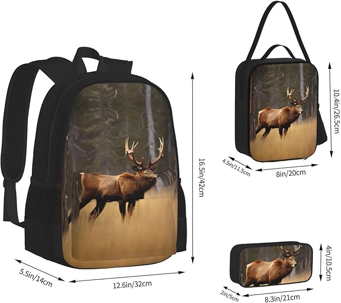 Wildlife Deer Bear Elk Backpack With Lunch Box 3 In 1 Set With Pencil Case Large Capacity Backpack With Chest Strap