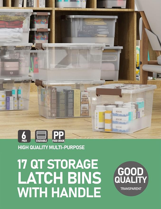 WYT 6 Pack 17qt Clear Plastic Storage Bin with Lid and Latching Buckles Stackable Tote Organizing Box with Handle