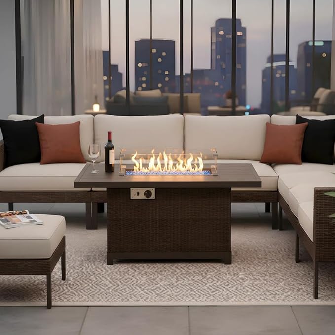 52-Inch Propane Fire Pit Table Rectangular 50000 BTU Outdoor Gas Fire Pit for Patio &amp Backyard Aluminum Frame 2-in-1 Firepit Dining Table with Glass Wind Guard Rain Cover and Blue Glass Rocks Bro