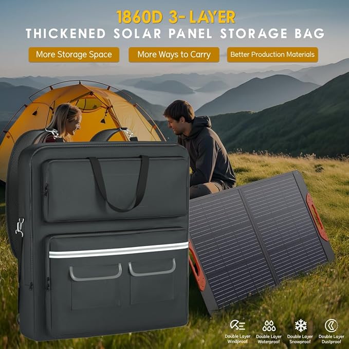 Solar Panel Storage Bag with Deepened Opening Compatible with Jackery SolarSaga 100W/100X/200W Featuring Pull-Tab Zipper and Multiple Accessory Compartments Solar Panel Travel Storage Case