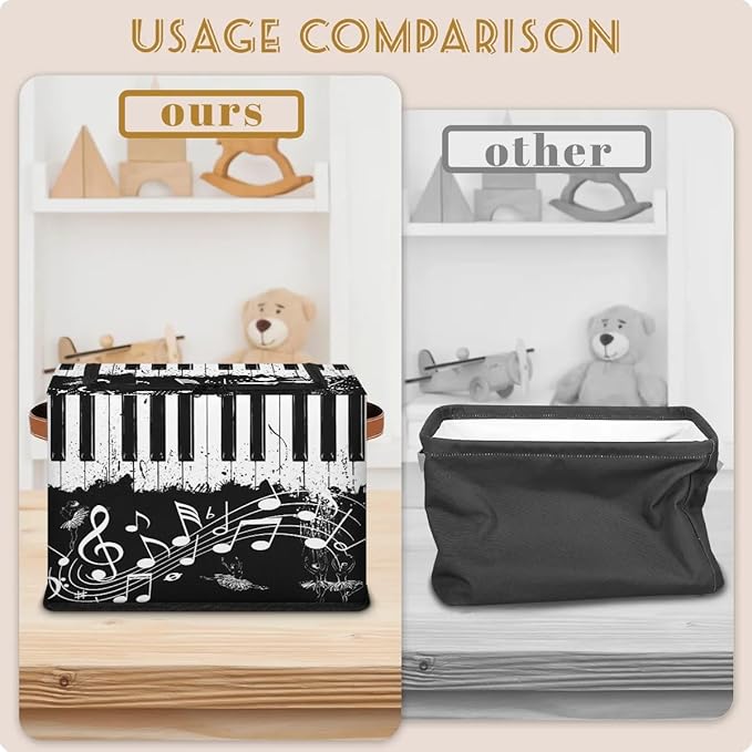 Music Note Ballet Storage Bins with Zipper Lid Collapsible Fabric Storage Basket with Leather Handles Closet Shelf Cloth Organizer Basket for Nursery Bedroom Clothes Toy