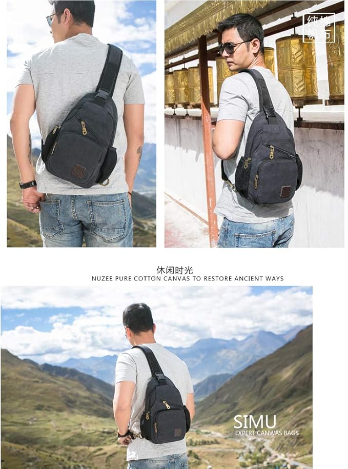 SIMU Sling Bag Pack Canvas Shoulder Sling Backpack Small Crossbody Chest Bag for ipad mini (Large black)
