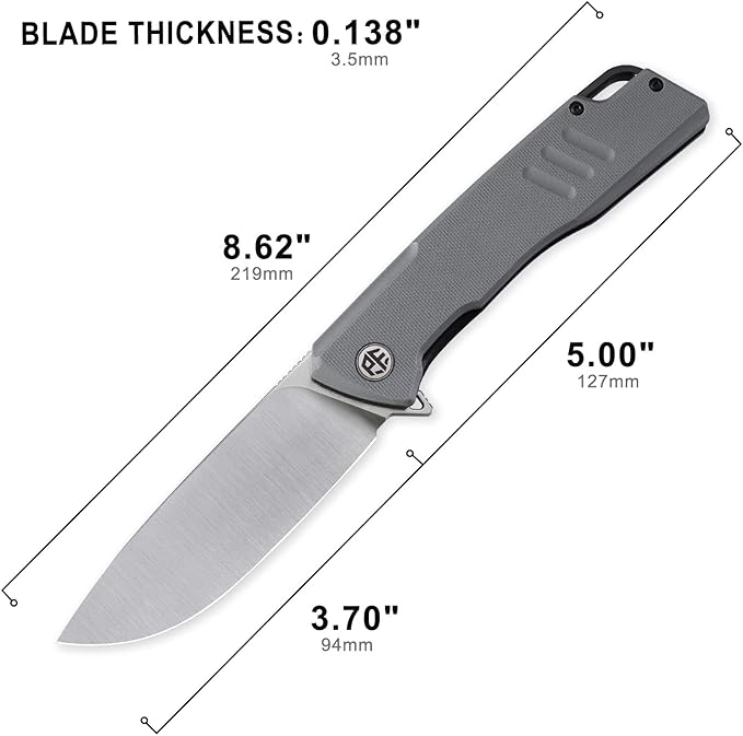 Petrified fish PFB02 Loco Pocket Knife 3.70 D2 Satin Blade Camping Knife 5.29oz G10 Handle Flipper Liner lock Folding knife for EDC (Gray Satin)