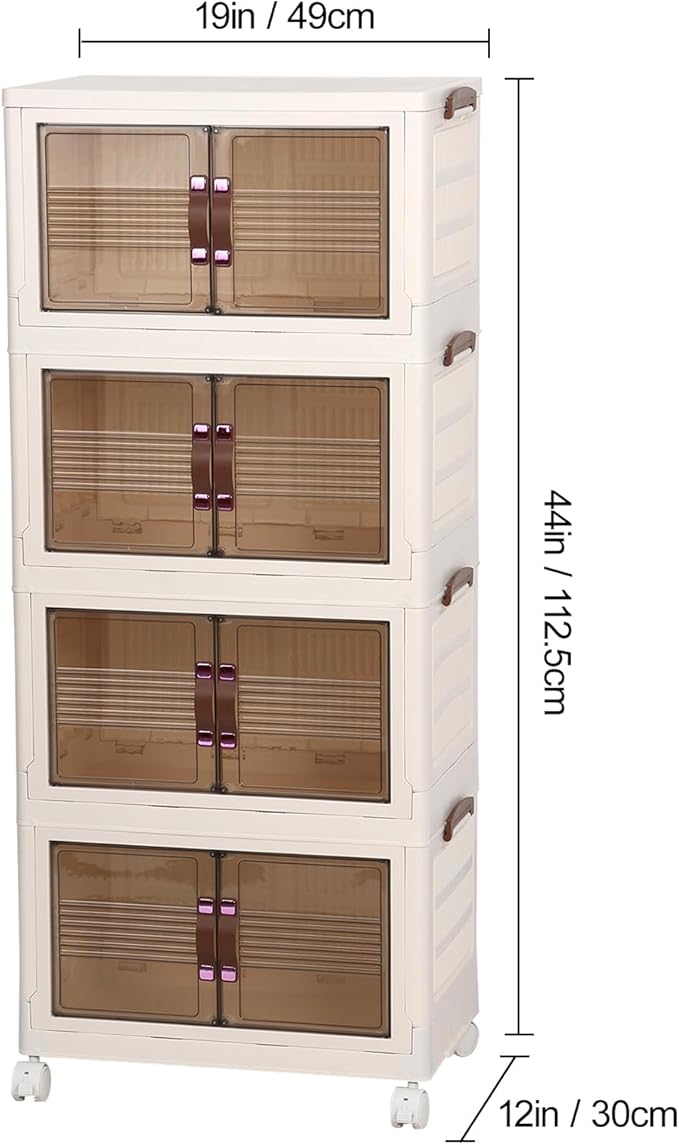 Closet Organizers 4 Tier Stackable Plastic Storage Bins with Lid Moveable Closet Storage Containers on Wheels Foldable Storage Box Cabinet Organizer for Home Office Pantry (3/4 Tiers)