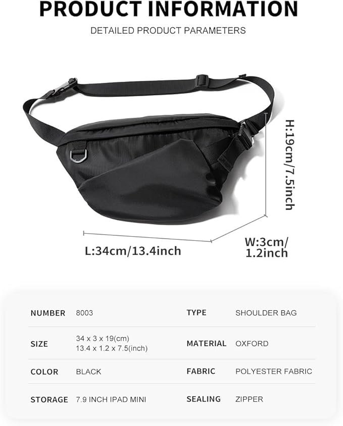 Large Waist Bag Fanny Pack for Men Hip Bum Chest Bag Water Proof Hikking outdoor day Purse (Black Nylon)