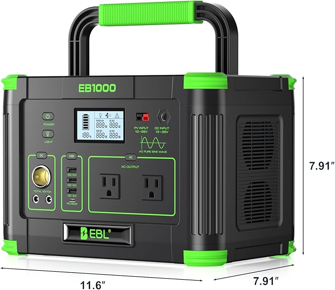 EBL Portable Power Station 1000W Solar Generator 999Wh Fast Charging Backup Battery with 5W Wireless Charging &amp Multiple Ports for Camping Home Backup RV &amp Off-Grid