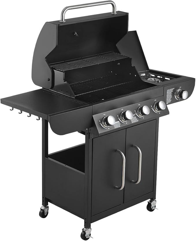 VEVOR Gas Grill 4 Burner Propane Gas Grill with Side Burner 425 SQ.In Grilling Area Carbon Steel Enamel Grates Outdoor 52000 BTU Patio Garden BBQ Grills with Two Side Shelves Carbon Steel